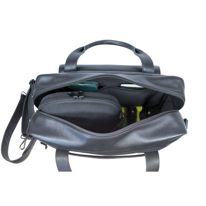 Spacious main compartment of Stratos Max pilot bag in black leather